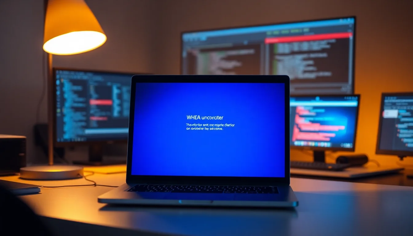 Windows 10 laptop displaying WHEA uncorrectable error blue screen on desk with diagnostic tools open, soft blue screen glow with warm desk lamp lighting from side, focused technical atmosphere