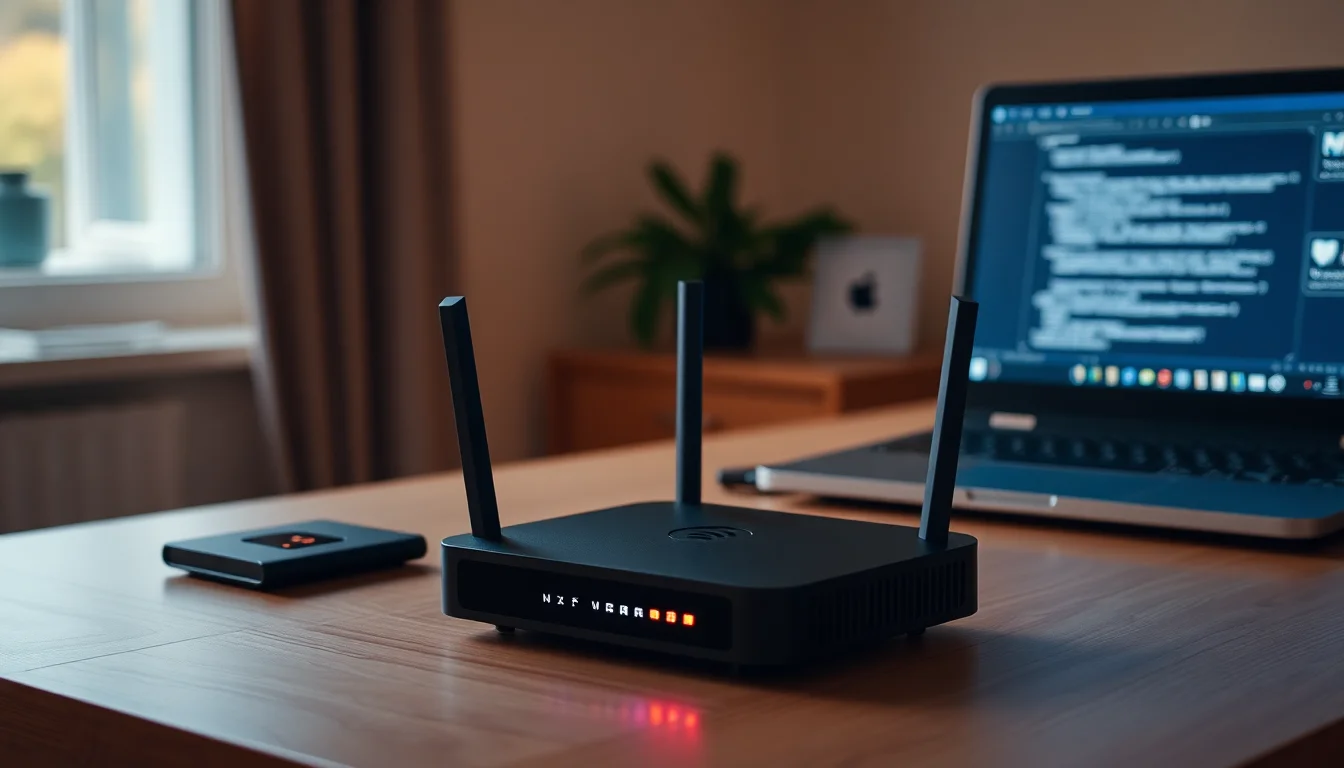 Close-up of a modern Wi-Fi router on a wooden desk with a laptop nearby, showing connection status lights, warm afternoon light from window, focused professional atmosphere