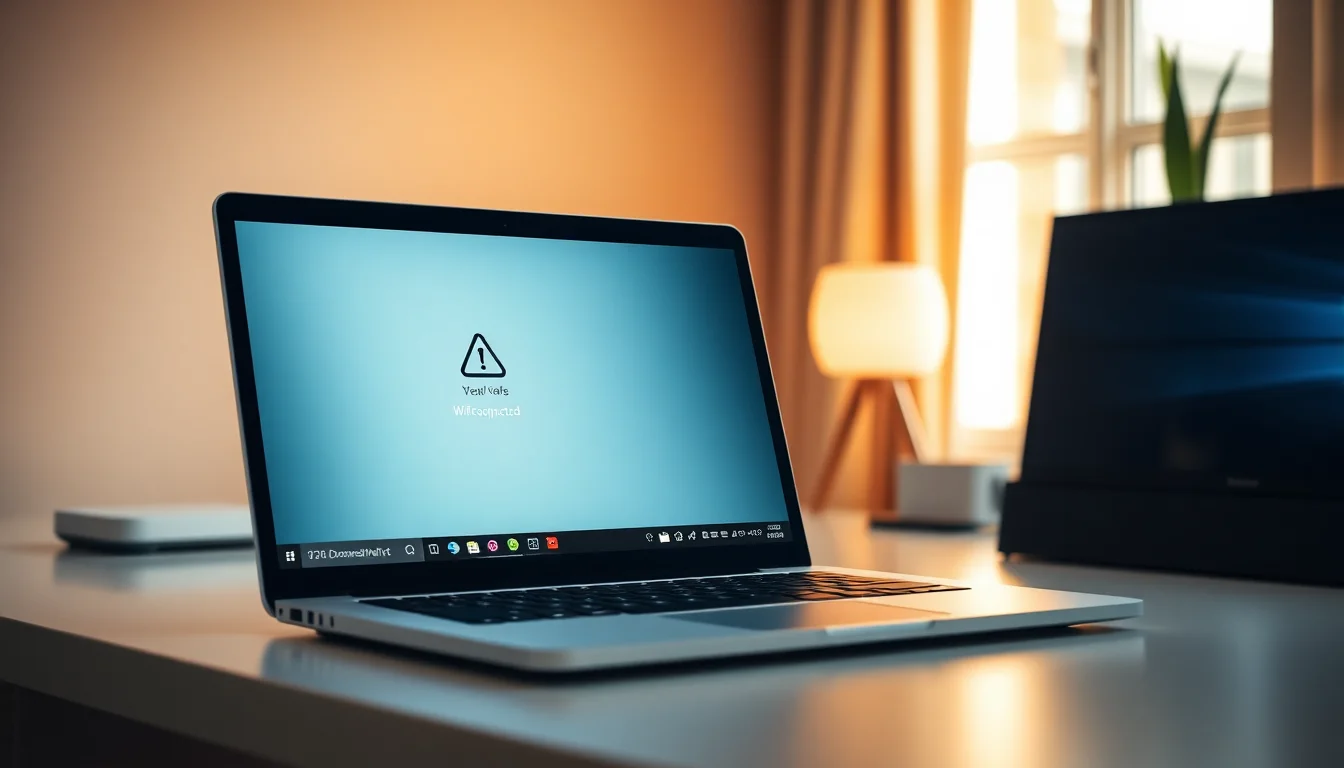 Windows laptop on a desk showing Wi-Fi disconnected warning icon in the system tray with a home router in the background