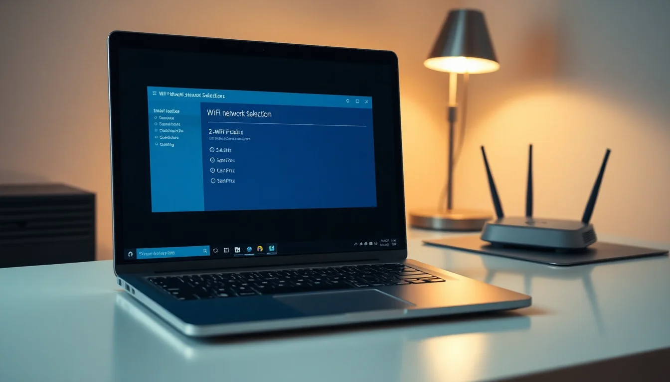 Windows 11 laptop on desk displaying WiFi network menu with only 2.4GHz networks visible, modern minimalist setting with soft desk lamp lighting, focused technical atmosphere