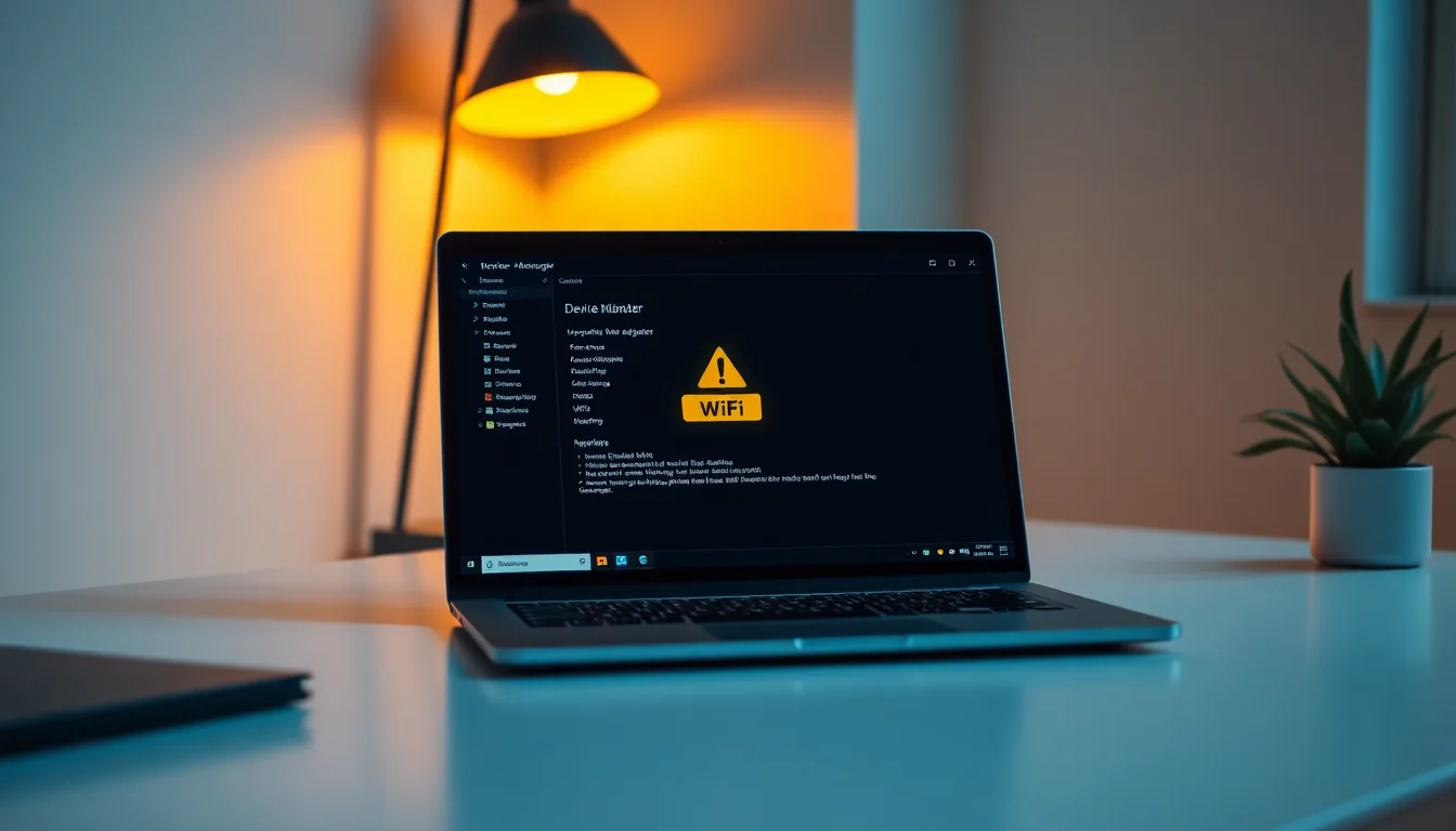 Windows 10 Device Manager showing yellow exclamation mark on WiFi network adapter with error code 31 message displayed in properties window