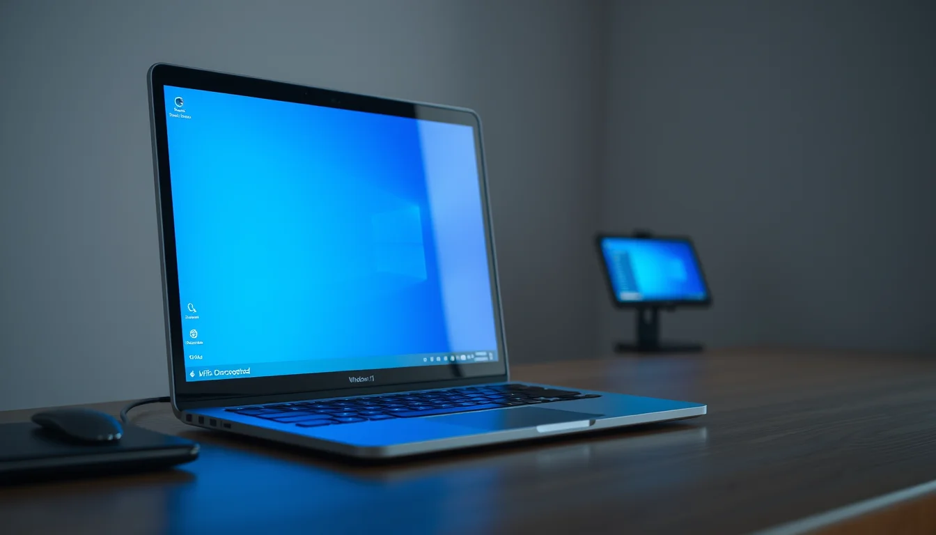 A Windows 11 laptop on a wooden desk showing a wifi disconnected error icon on the taskbar with a blue screen glow