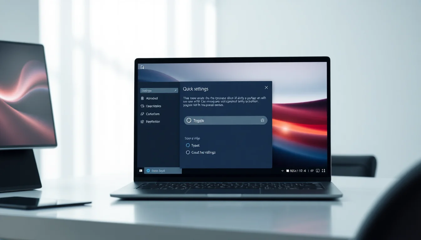 Windows 11 laptop on a desk showing the Quick Settings panel open with the Wi-Fi tile missing from the taskbar controls