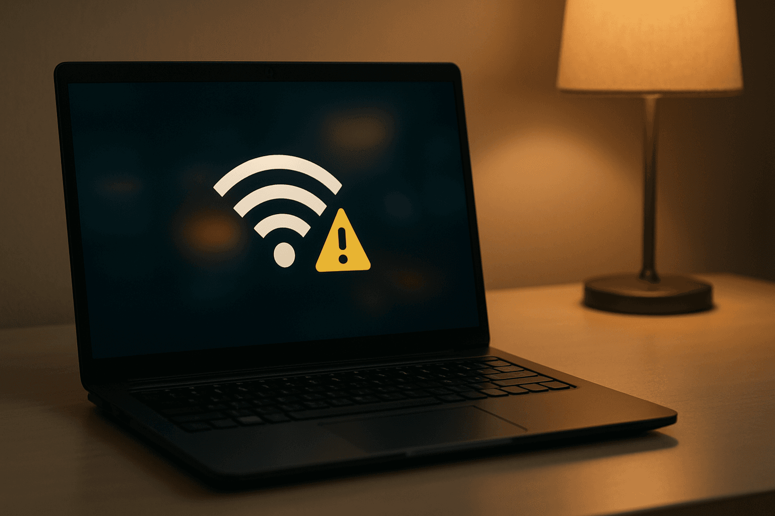 Windows 10 laptop on modern desk showing WiFi network icon with red X mark and default gateway error message, side-lit by warm desk lamp, focused technical atmosphere