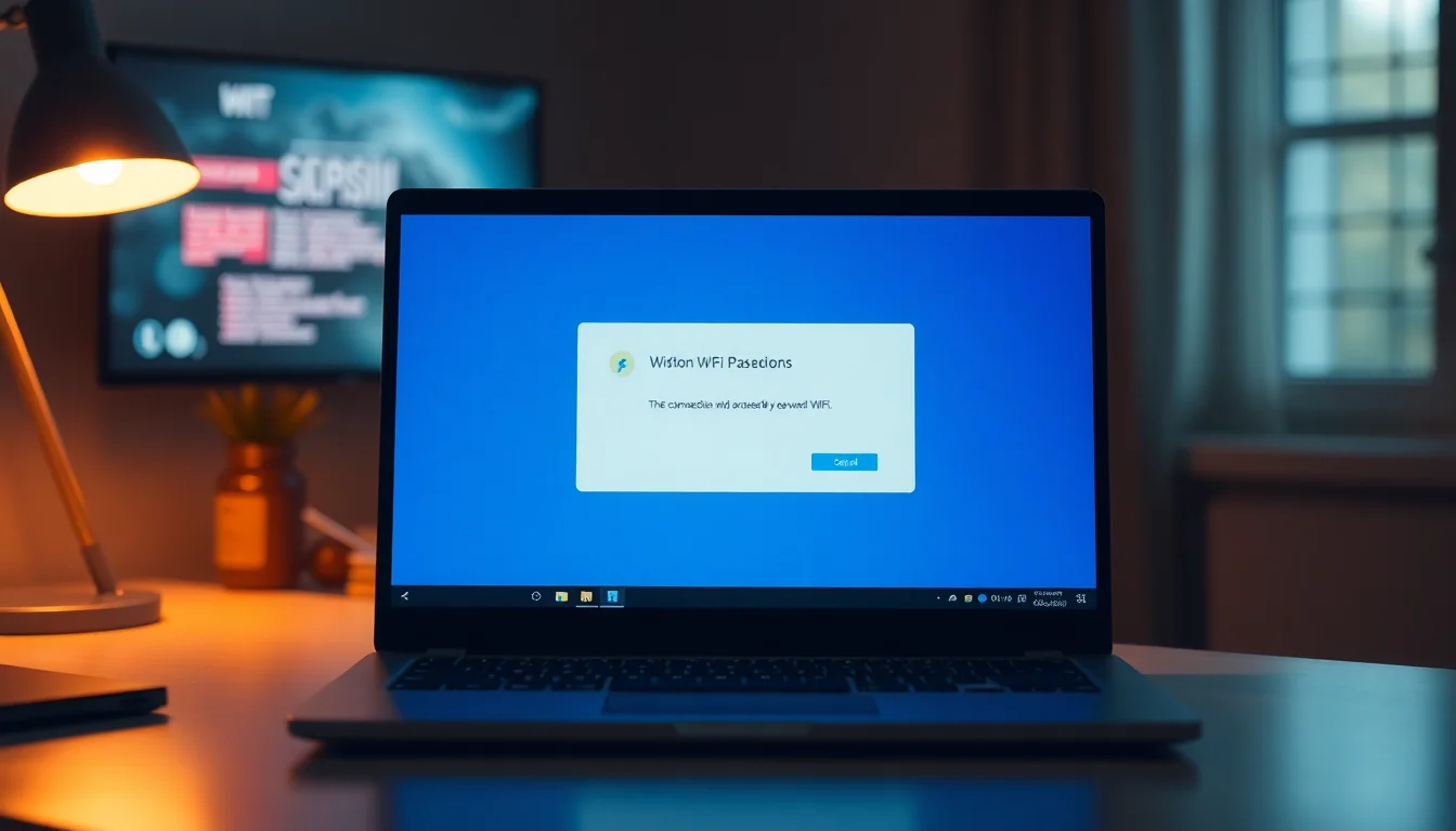 Windows 10 laptop on desk displaying WiFi connection dialog box with incorrect password error message, warm desk lamp lighting from side, focused professional atmosphere