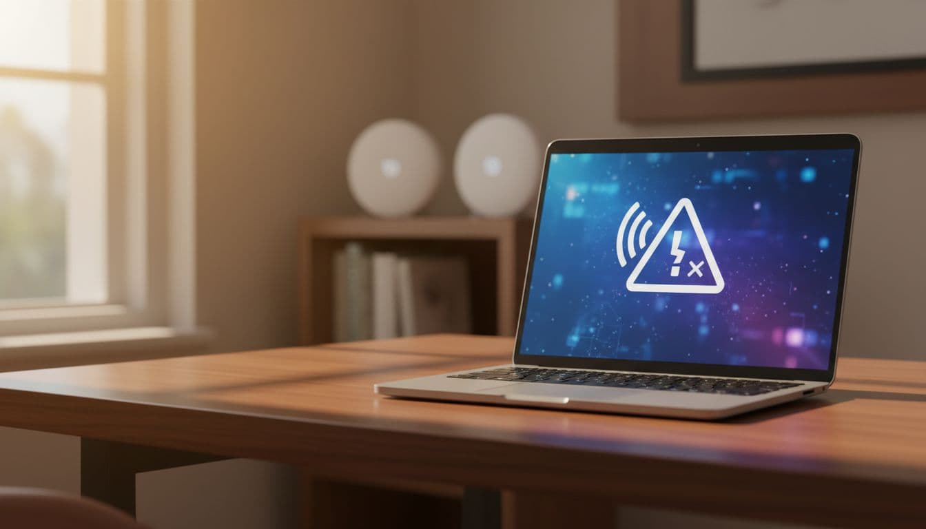 A Windows laptop sitting on a home desk showing a weak WiFi signal icon with two mesh router nodes visible in the background