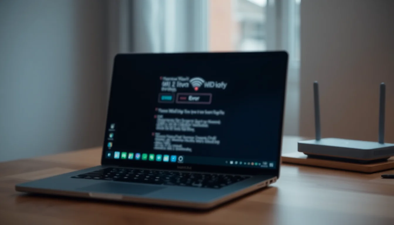 Windows laptop on a desk showing no WiFi connection icon in the taskbar with a router in the background