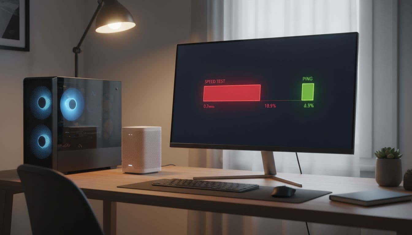 A Windows 11 desktop PC next to a wifi router on a home office desk showing a slow speed test result on screen