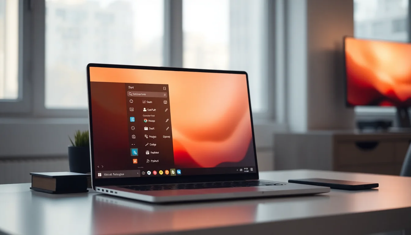 Windows 10 laptop showing Start Menu with unresponsive app tiles on a modern desk with soft window lighting, focused professional atmosphere
