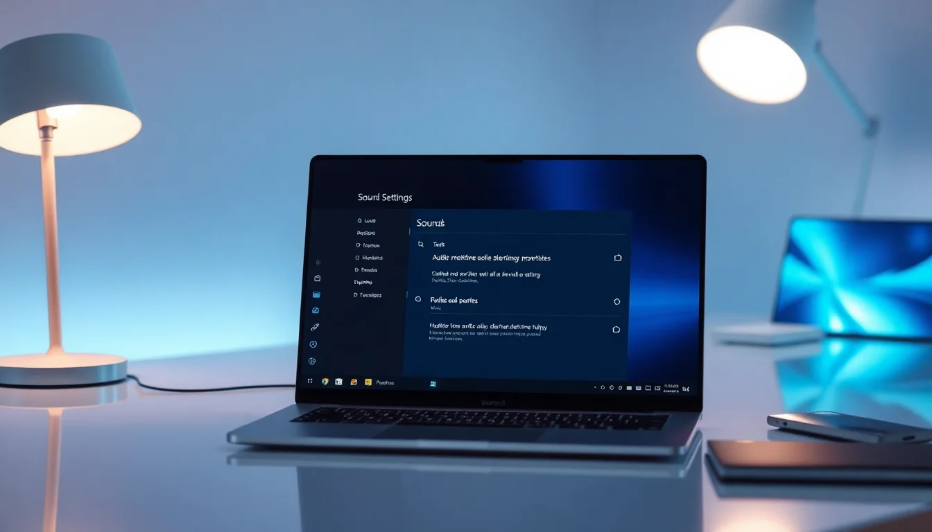 Close-up of Windows 10 sound settings panel with audio device properties open, showing enhancements tab on modern desktop monitor, soft neutral lighting, professional focused atmosphere