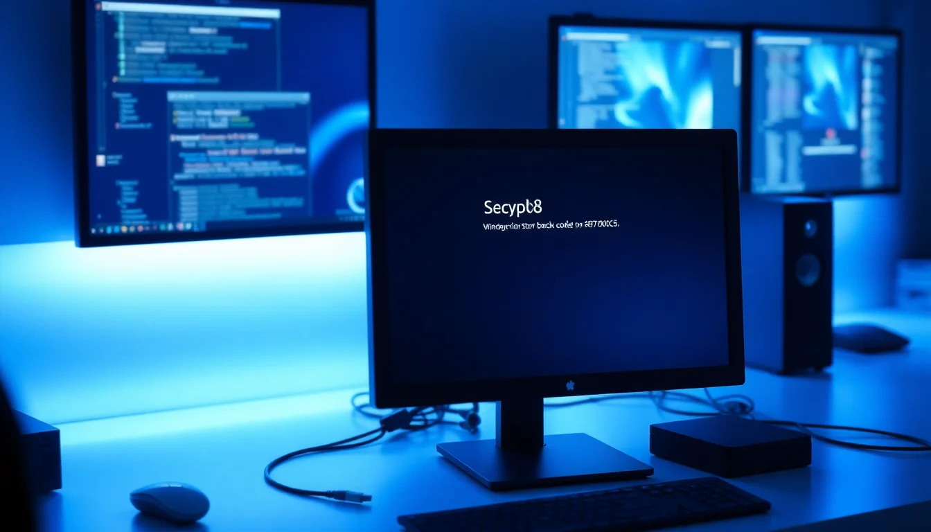 Windows 10 laptop showing system image backup error message on screen, modern desk setup with external hard drive connected, soft blue overhead lighting, focused technical atmosphere