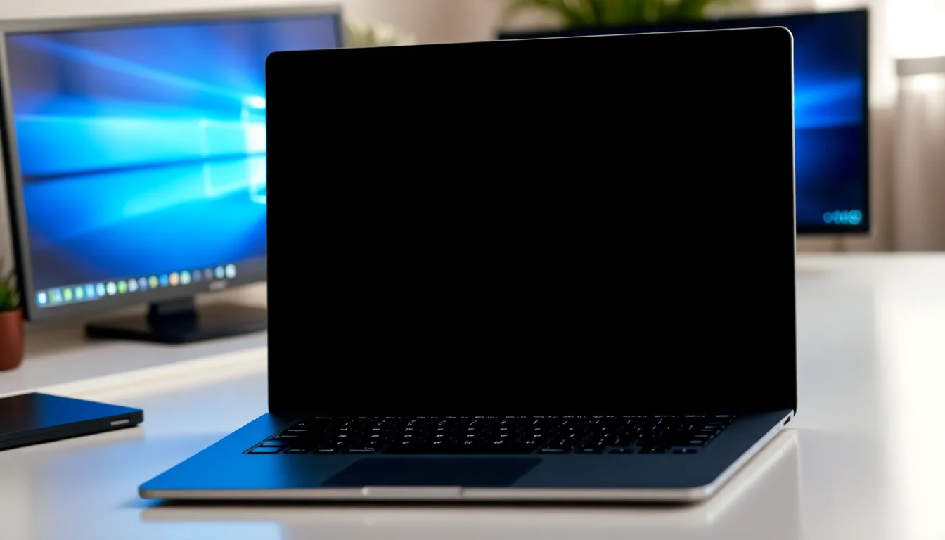 Windows 10 laptop on desk showing black screen after waking from sleep mode, soft blue light from monitor, focused office environment