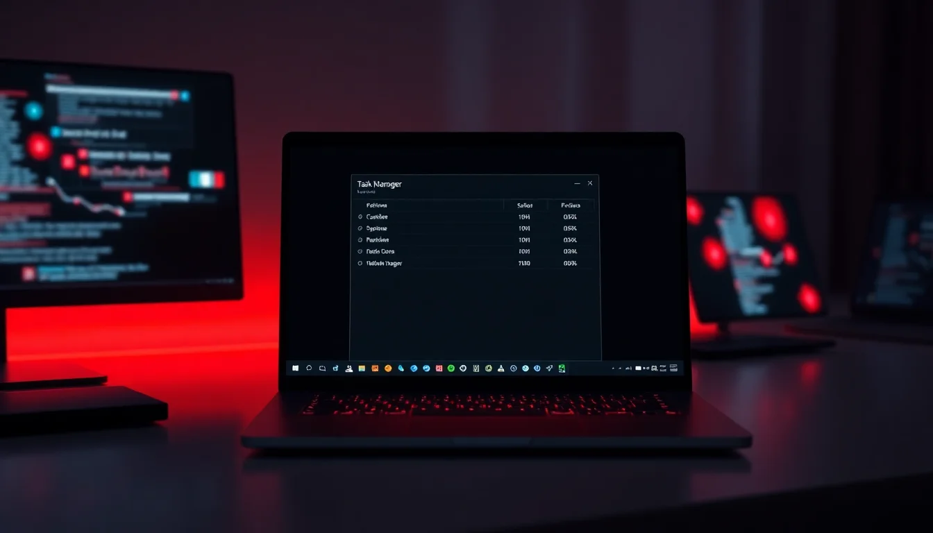 Windows 10 Task Manager showing 100% disk usage with red warning bar on a modern office desk, harsh red screen glow, tense frustrated atmosphere