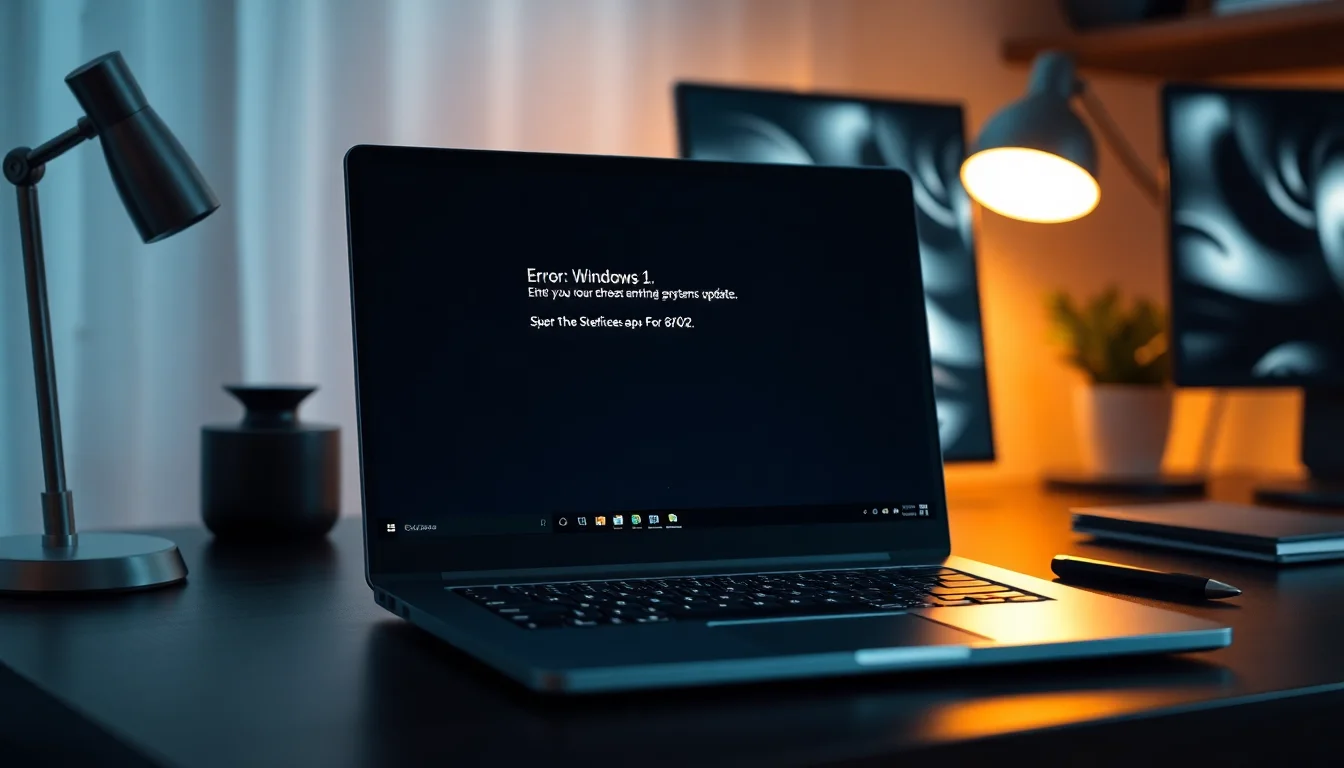 Windows 10 laptop displaying error 0x80073712 on blue update screen, sitting on desk with desk lamp lighting from side, professional troubleshooting atmosphere