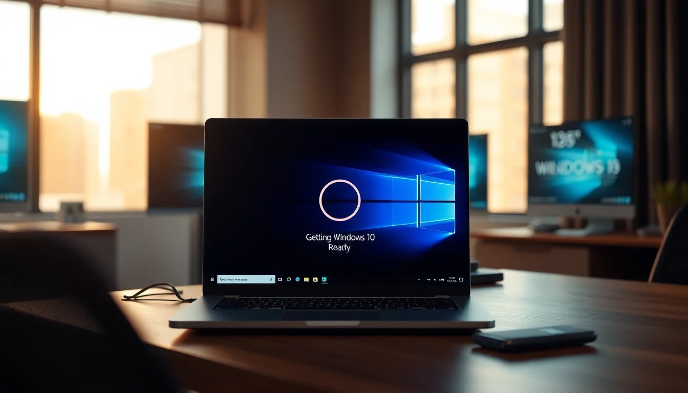 Windows 10 laptop displaying Getting Windows Ready loading screen on desk with frustrated user nearby, soft office lighting, tense atmosphere