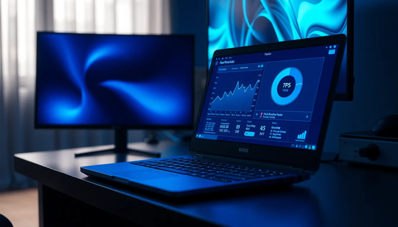 Gaming laptop displaying low frame rate counter on desk with open Task Manager window showing GPU and CPU usage graphs, cool blue monitor glow lighting against dark background, technical focused atmosphere