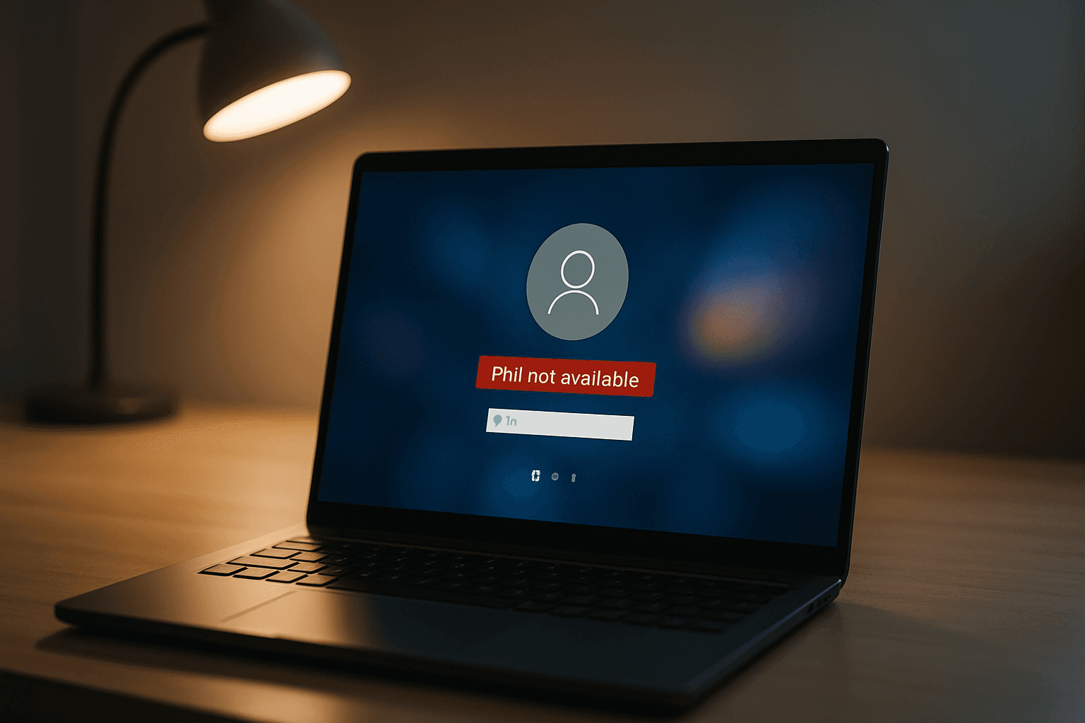 Windows 10 login screen showing PIN input field with error message, modern desktop workspace with laptop, soft blue accent lighting, frustrated focused atmosphere