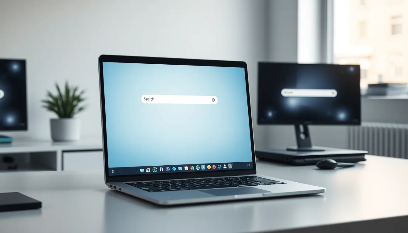 Windows 10 laptop on desk showing unresponsive search bar with cursor, soft natural window lighting from left, calm focused workspace atmosphere