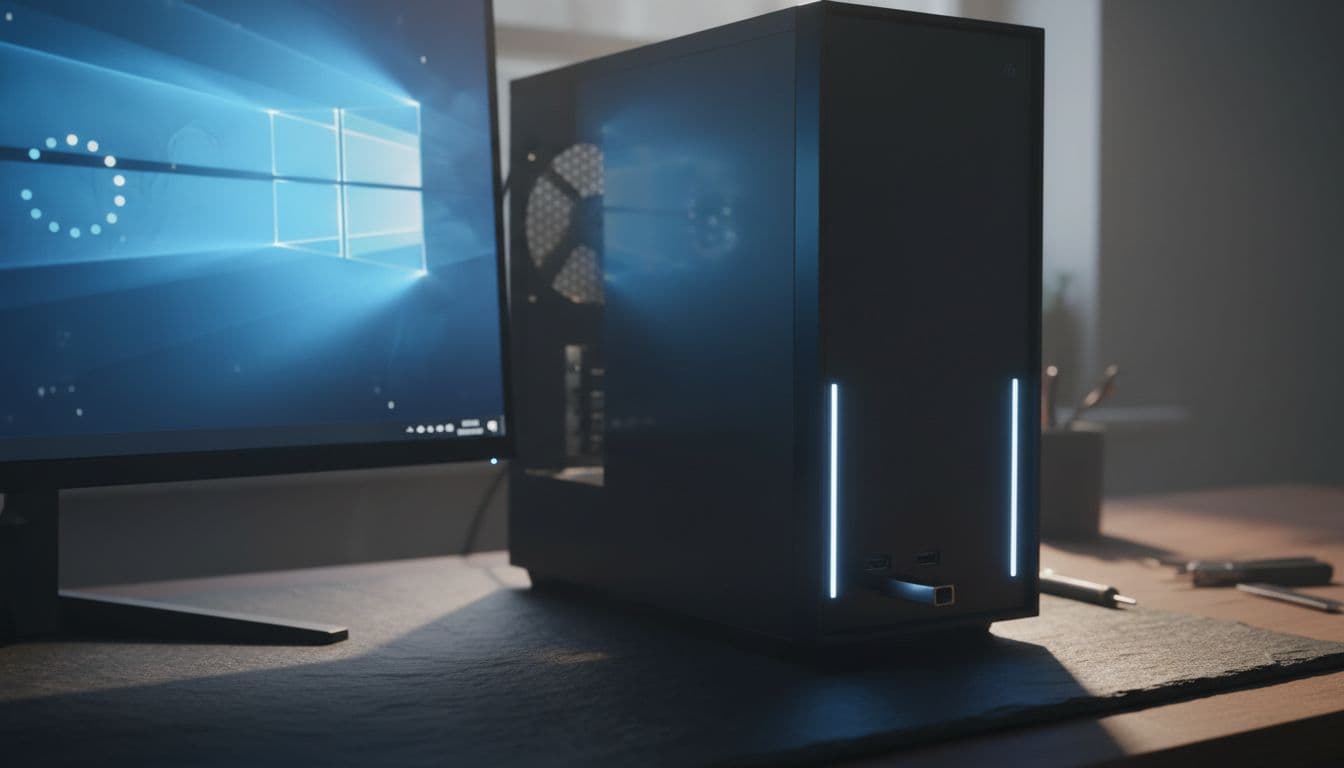 A bootable USB flash drive plugged into a desktop PC on a dark workbench showing a frozen Windows setup screen with spinning dots