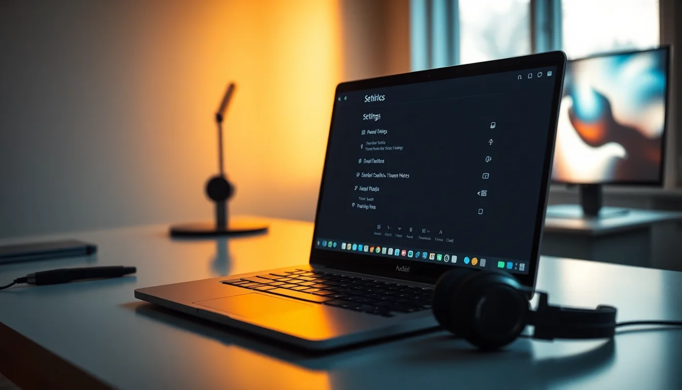 A Windows 11 laptop on a desk showing the Settings Sound panel with audio device properties visible on screen, soft warm lighting from left side, focused professional atmosphere