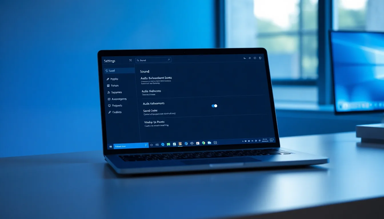 Windows 11 Settings Sound control panel with audio enhancements toggle disabled and greyed out on modern computer desk with monitor displaying grey disabled button