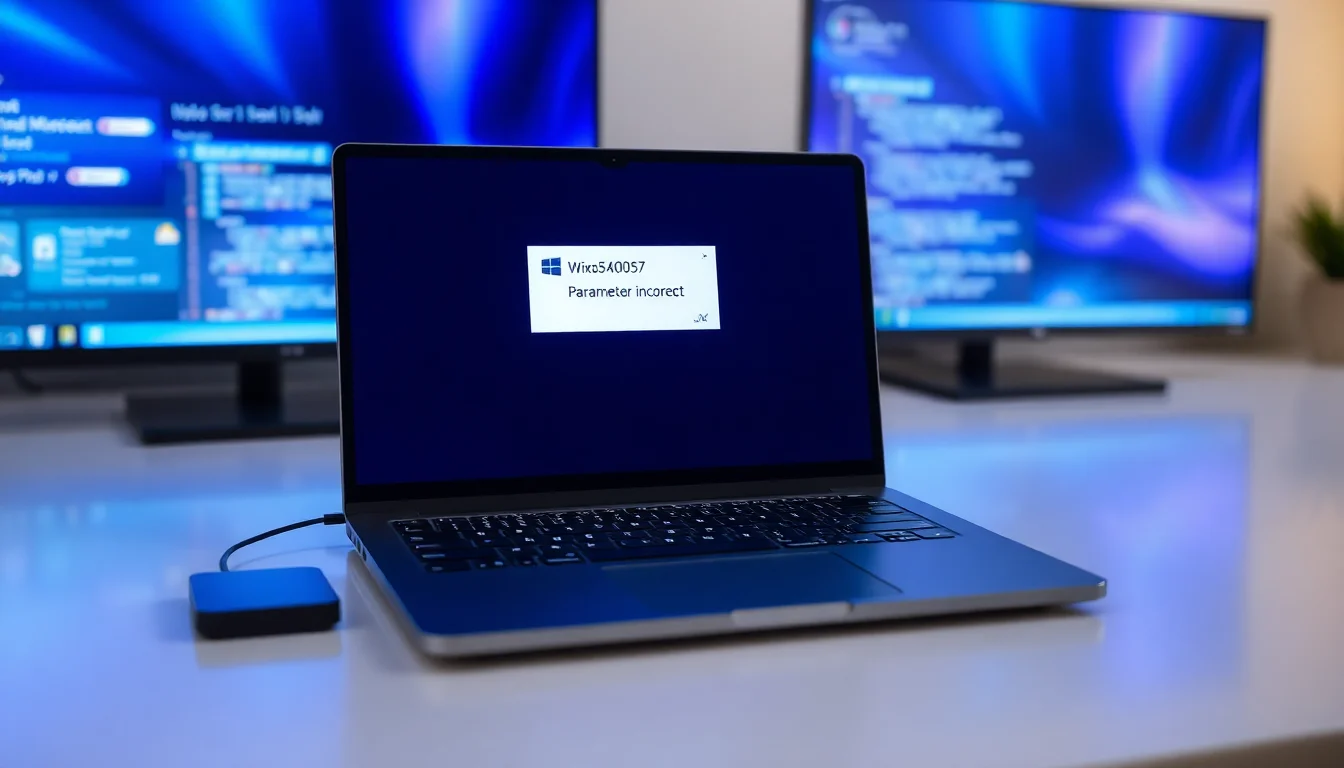 Windows 11 laptop on desk showing backup error dialog with 0x80070057 parameter incorrect message, soft blue screen glow, focused professional atmosphere