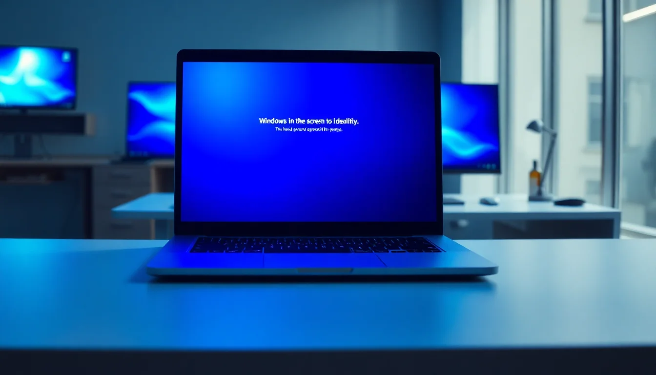 Windows 11 laptop on a desk displaying a blue screen of death STOP error with white error text visible on screen