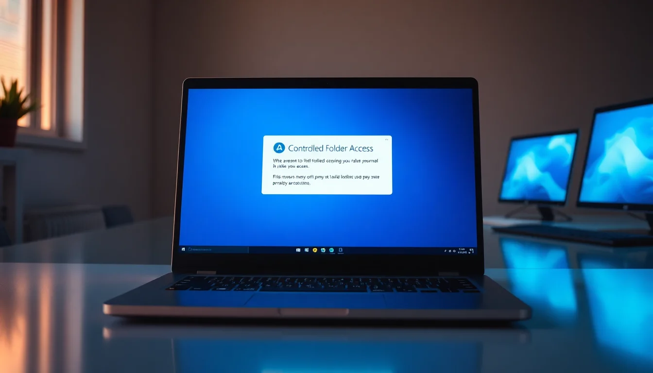 A Windows 11 laptop screen displaying the Controlled Folder Access settings panel with blocked application notification visible, warm office desk lighting, professional focused atmosphere