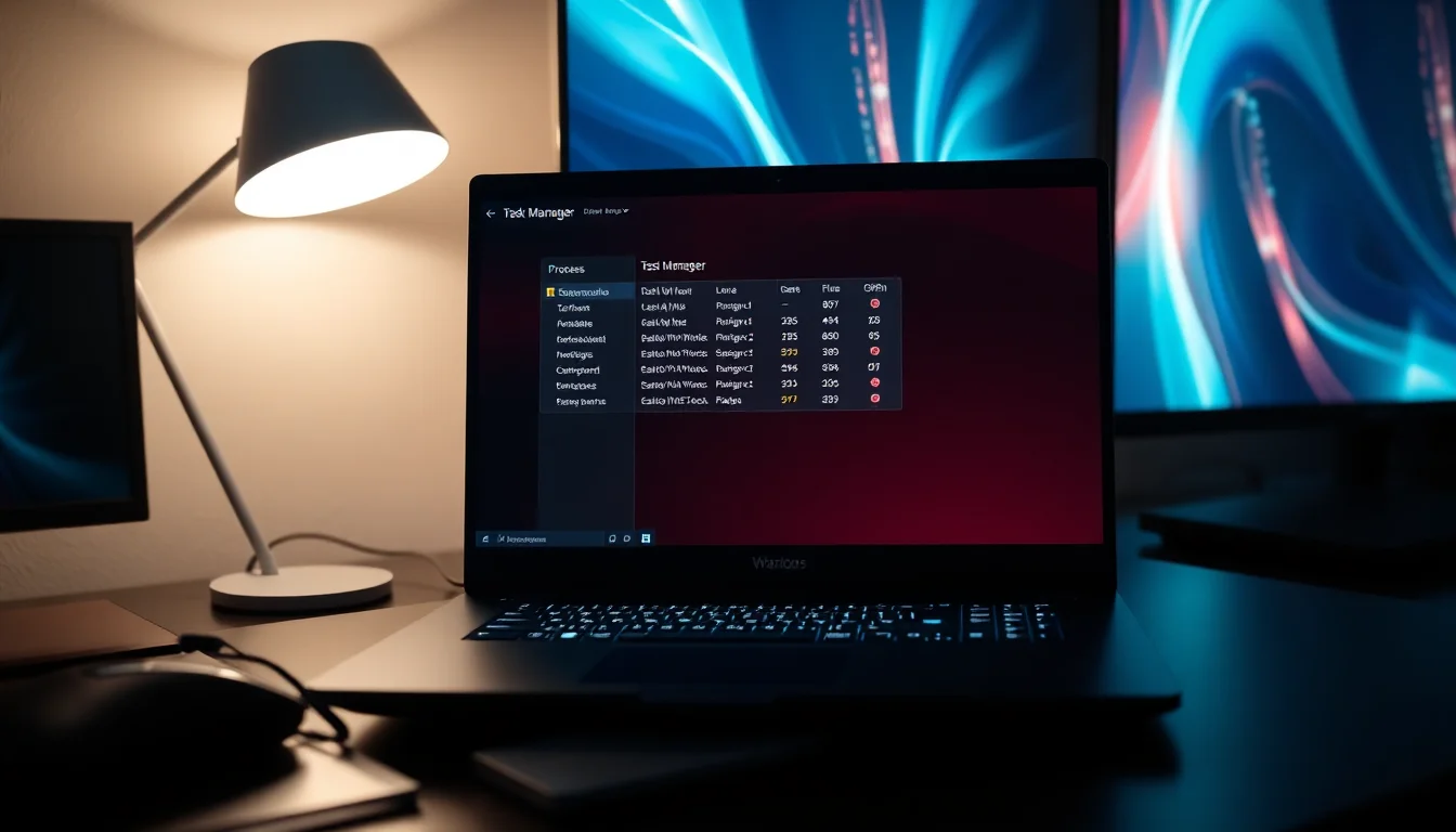 Windows 11 Task Manager showing Desktop Window Manager consuming 95 percent GPU usage on a gaming laptop display, with Performance tab highlighted and red warning indicators visible