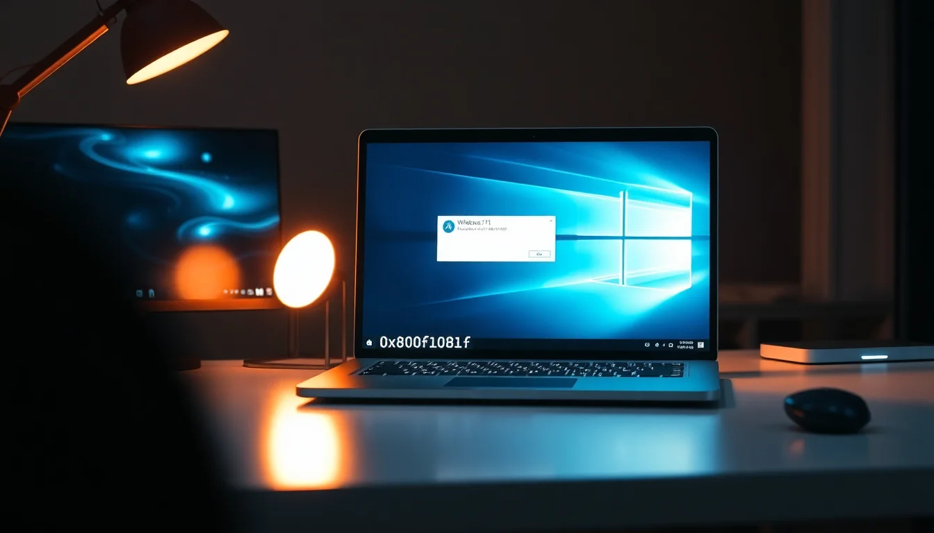 Windows 11 laptop displaying error code 0x800f081f CBS corruption message on screen, sitting on modern desk with warm desk lamp lighting from the side, focused technical atmosphere