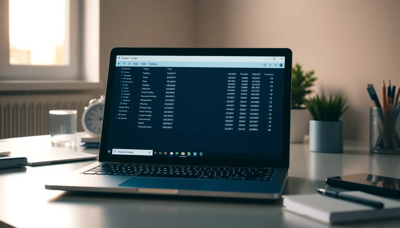 Windows 11 laptop frozen with Task Manager open showing CPU and disk usage spikes during a system freeze on a modern office desk with warm side lighting