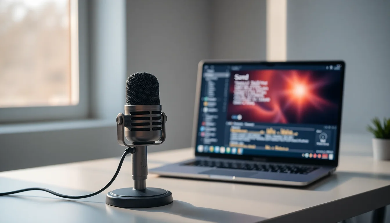 Close-up of a USB microphone on a desk next to a Windows 11 laptop showing sound settings panel with input device options visible