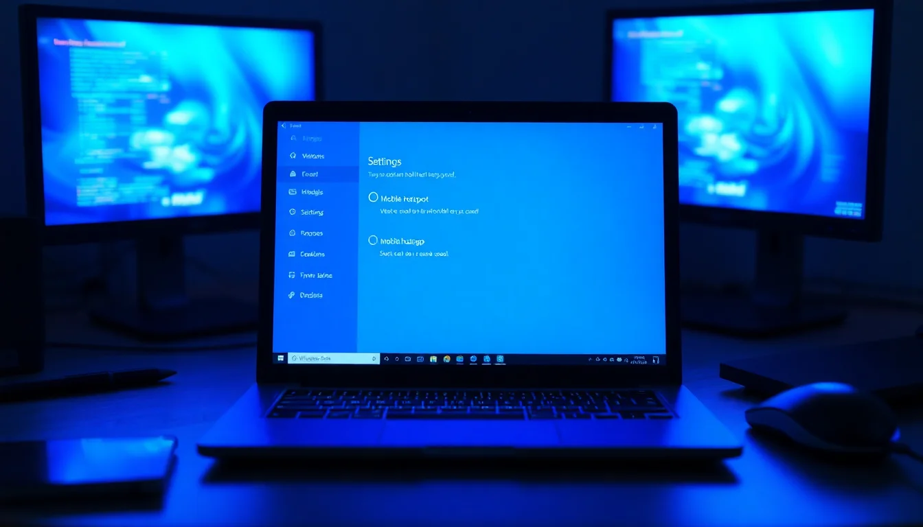 A Windows 11 laptop on a modern desk showing the mobile hotspot settings panel with a disabled toggle switch, blue system lighting from the screen casting shadows, focused technical atmosphere