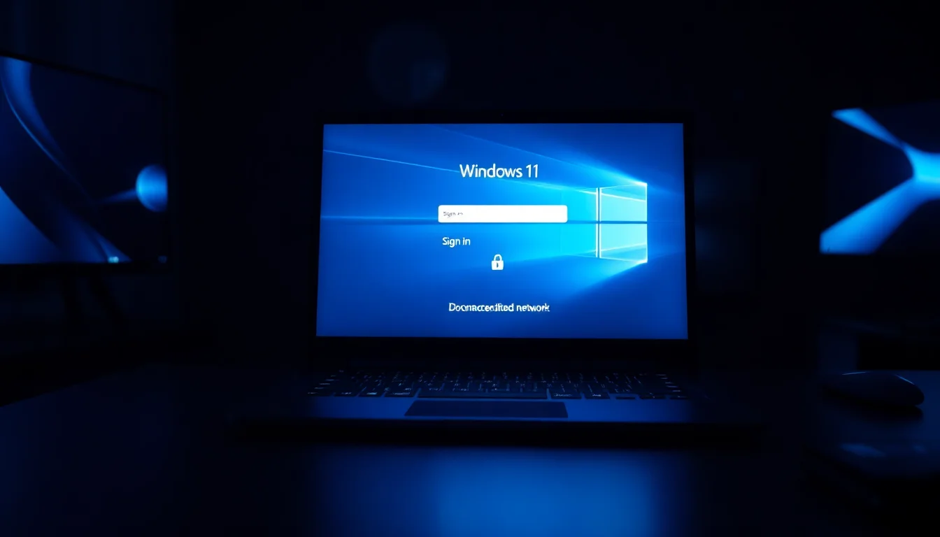Windows 11 laptop on a dark desk showing a sign-in password screen with a disconnected WiFi icon visible in the corner