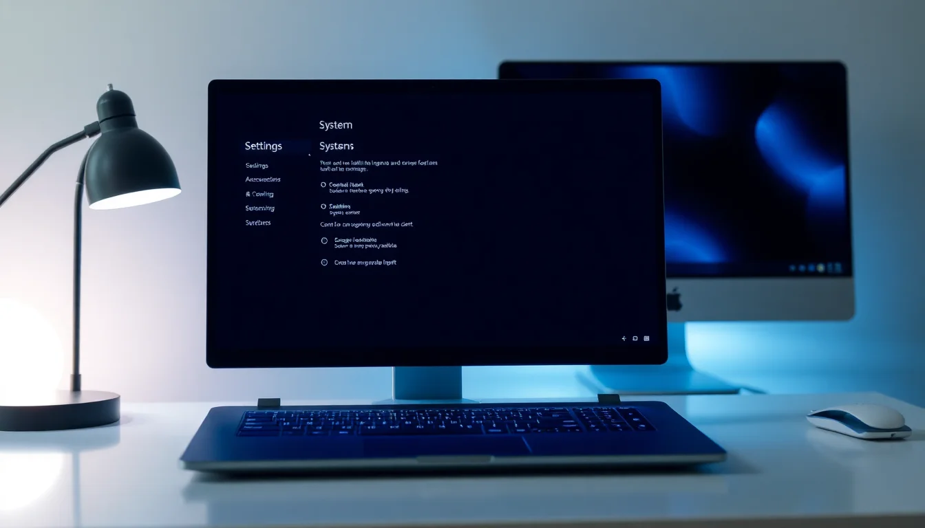A Windows 11 laptop on a modern desk displaying the Settings app with a frozen or error state on the System page, cool blue monitor glow, focused professional atmosphere
