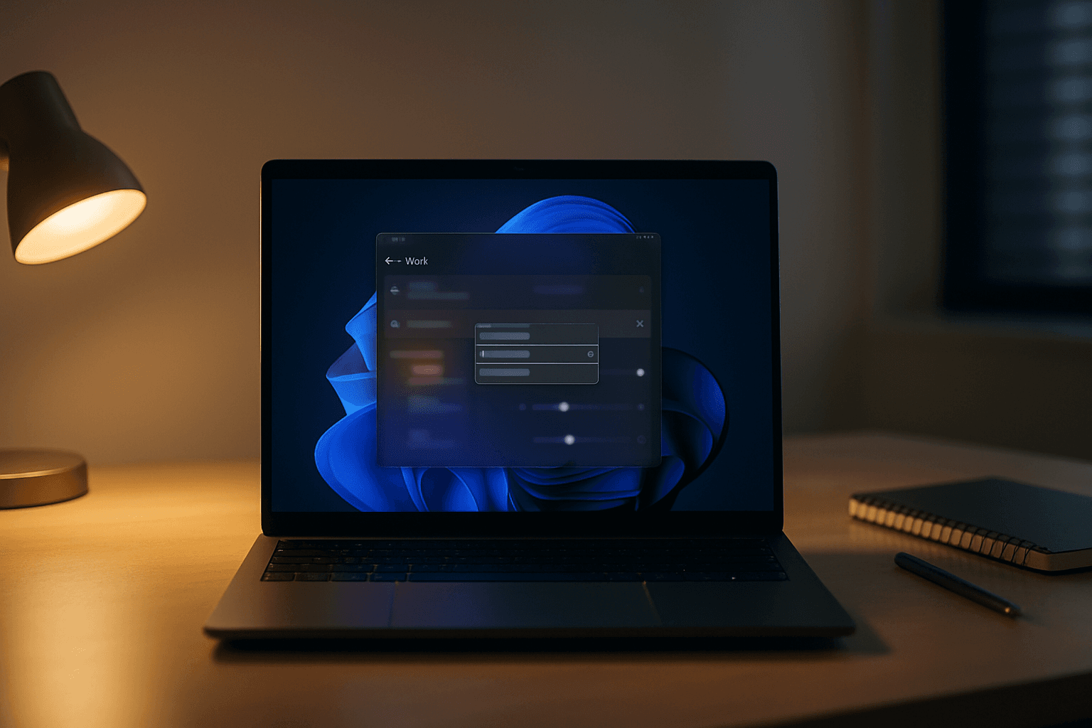 Windows 11 settings panel displaying audio output configuration with notification icon, warm desk lighting from side, focused professional atmosphere