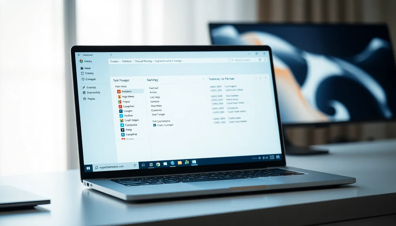 A Windows 11 laptop displaying Task Manager startup tab with disabled application entries, modern desk environment with soft task lighting, focused professional atmosphere