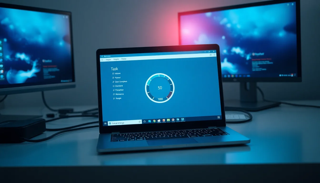 Close-up view of Windows 11 Task Manager showing disk usage at 100 percent with SysMain service highlighted in the processes list, warm monitor glow on dark desk surface, urgent focused atmosphere