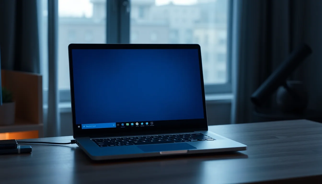 Windows 11 desktop with missing taskbar at bottom, laptop screen on modern desk showing empty space where taskbar should appear
