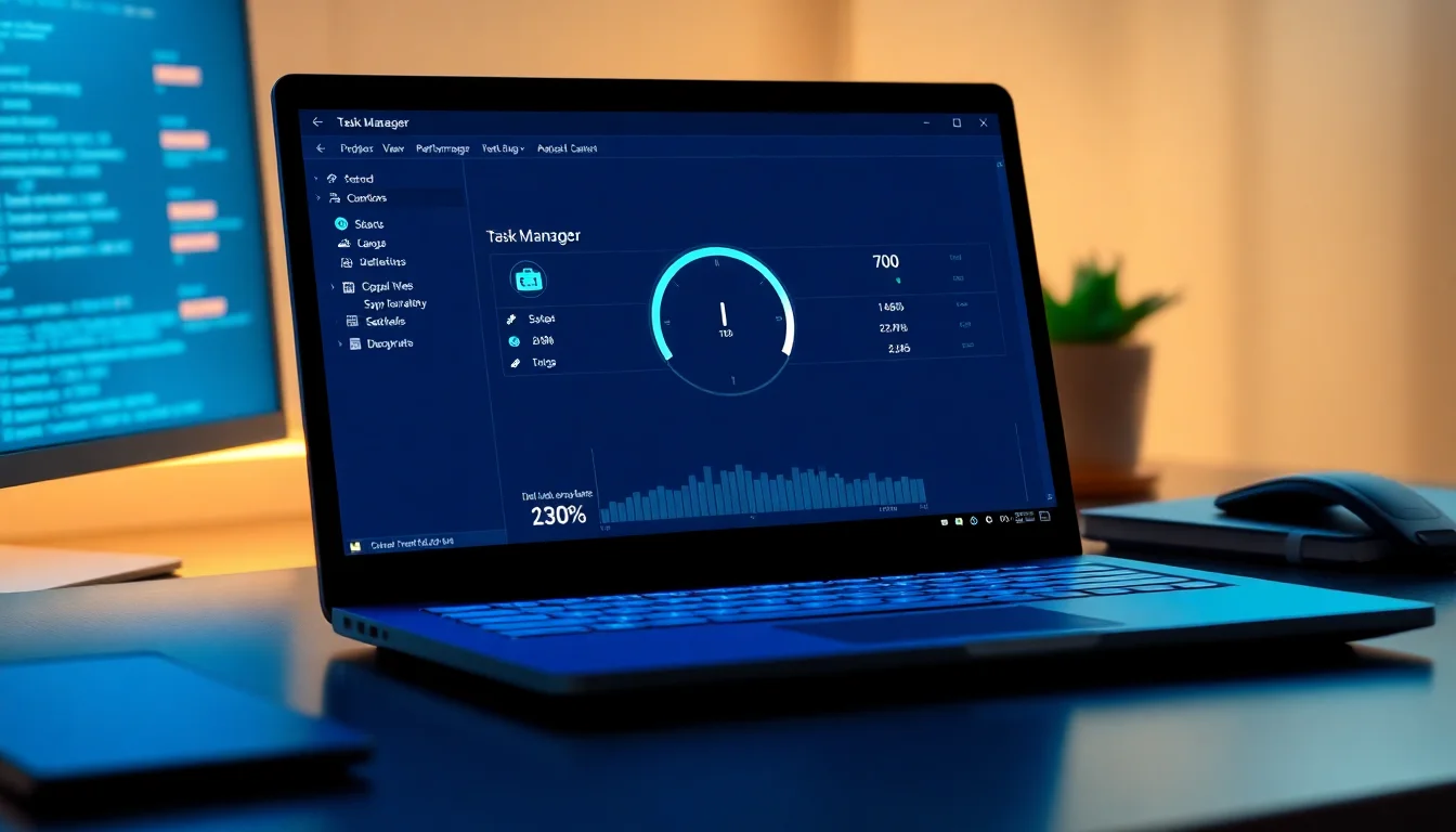 Windows 11 Task Manager showing disk usage at 100 percent on Performance tab, modern laptop on desk with blue system tray visible, cool blue screen lighting, focused diagnostic atmosphere
