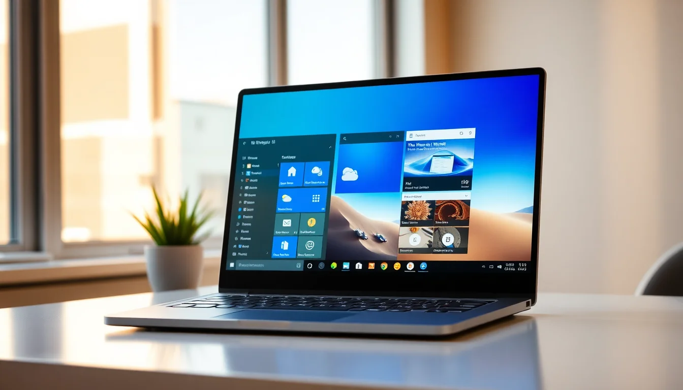 Windows 11 desktop showing widgets panel open on taskbar with weather and news content displaying on modern laptop screen with soft office lighting