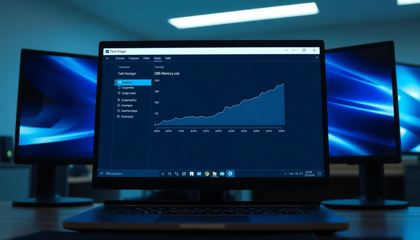 Windows 11 Task Manager showing explorer.exe process consuming 2GB of RAM with memory usage graph trending upward on a desk setup