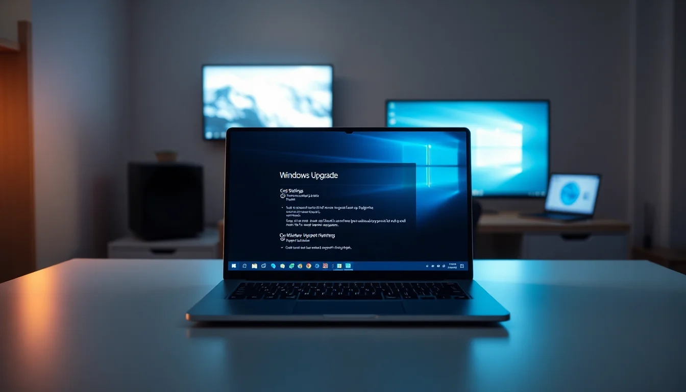 A Windows 11 desktop on a modern laptop sitting on a clean office desk showing the upgrade decision screen
