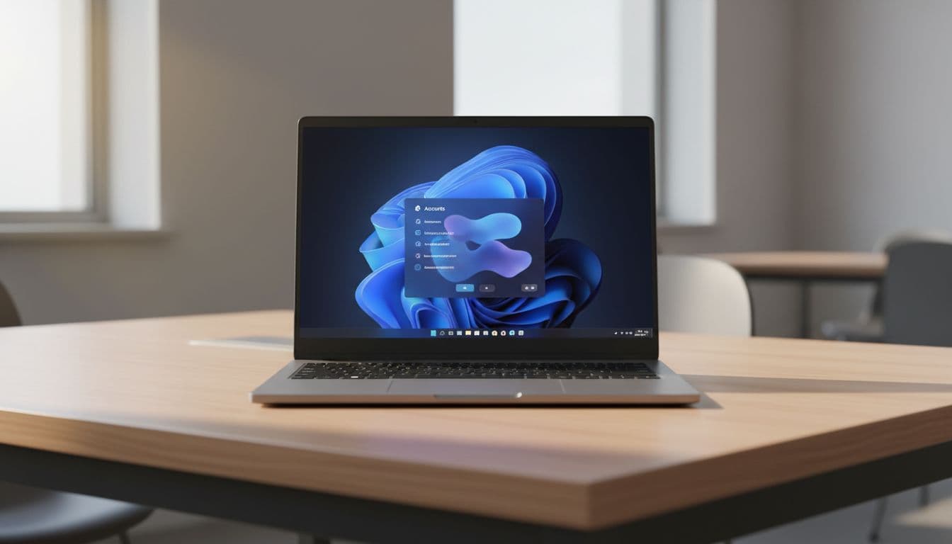A Windows 11 laptop on a modern desk showing the Accounts settings screen with sign-in options visible