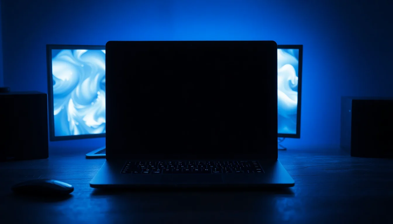 Windows laptop on a dark desk showing a completely black screen after a graphics driver reinstall attempt