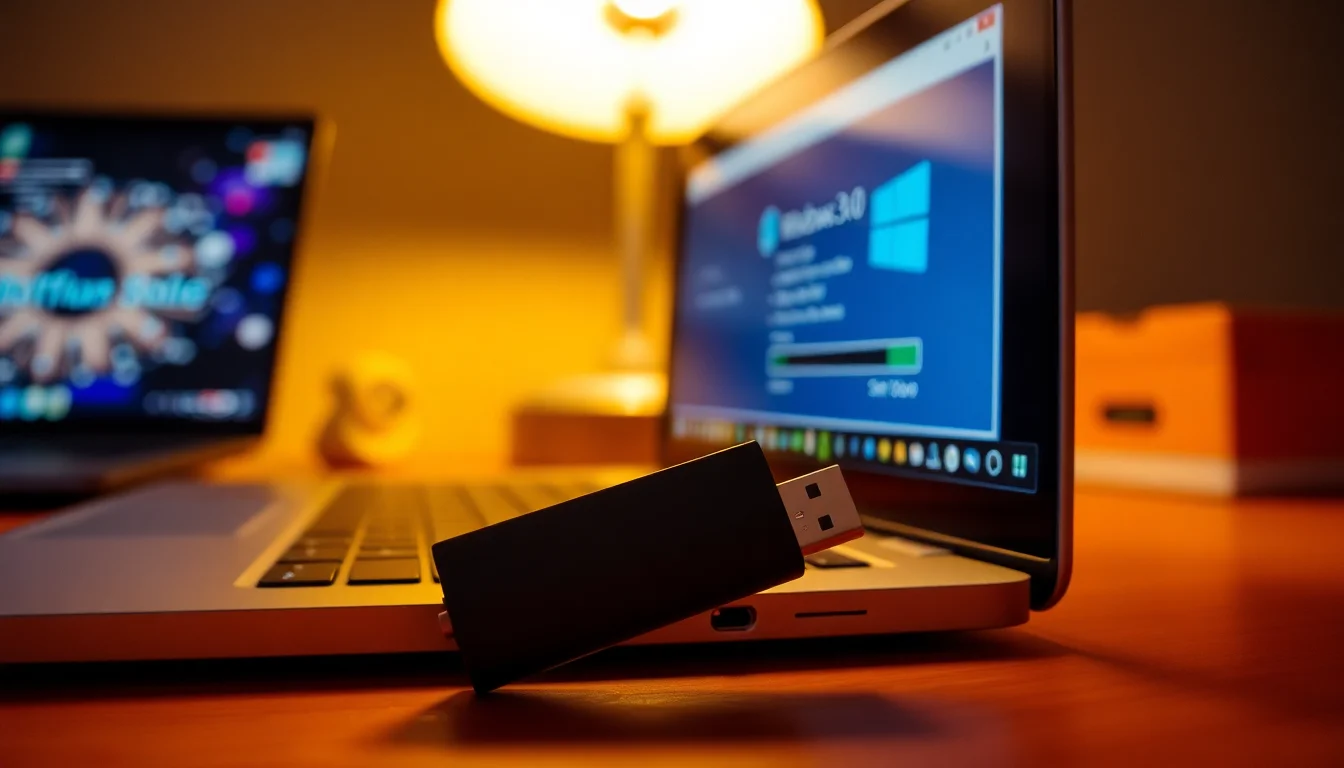 USB flash drive connected to a laptop running Windows Media Creation Tool with boot disk progress bar visible on screen, warm desk lighting