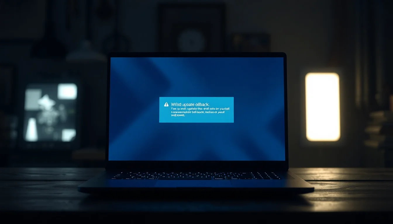 Windows 11 laptop on a dark desk showing a failed update error screen at 35 percent with partition diagram visible
