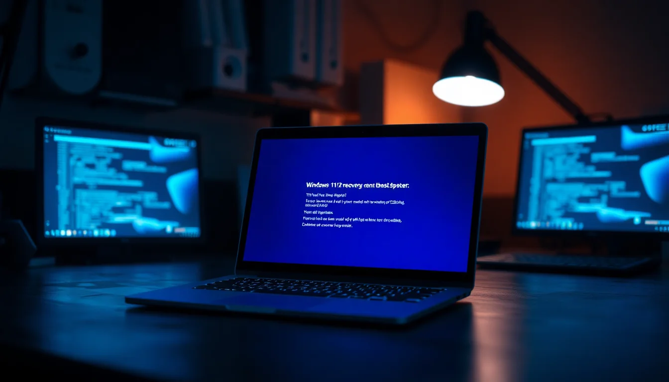 A Windows laptop on a dark desk showing a blue screen boot error with recovery options visible on screen
