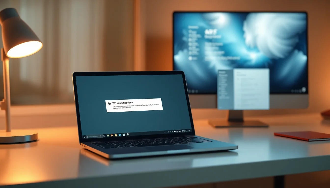 Windows 11 laptop on modern desk showing Wi-Fi connection error dialog box, warm desk lamp lighting from side, focused professional atmosphere