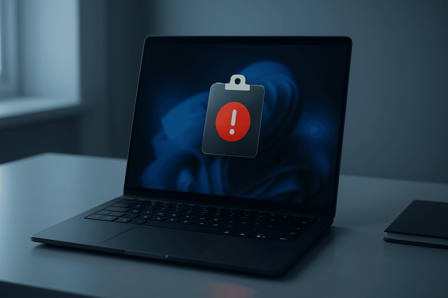 A Windows 11 laptop on a modern desk showing a clipboard error state with Ctrl C and Ctrl V keys highlighted